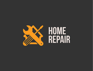 Home repair logo. House fixing tools emblem. Garage toolbox icon. Wrench and screwdriver sign. Mending and renovation. Maintenance service symbol. Isolated labour force equipment vector illustration