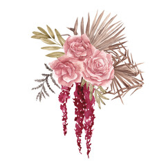 Boho bouquet with watercolor hand draw flowers, rose, pampas grass, palm leaves, branches, isolated on white background