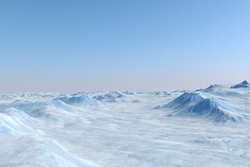 Snow landscape, ice valley with mountains. Arctic view. 3d render
