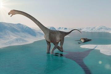 Dinosaur. Prehistoric snow landscape, ice valley with Dinosaurs. Arctic view. 3d rendering