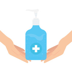 Hands holding hands sanitizer bottle with hands design, Disinfects clean antibacterial and hygiene theme Vector illustration