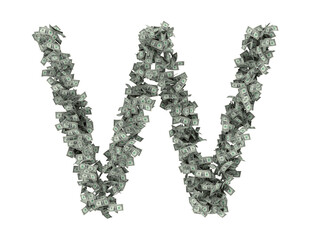 Letter from dollars. Alphabet isolate on white background. 3d rendering