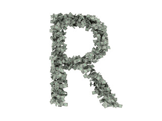 Letter from dollars. Alphabet isolate on white background. 3d rendering