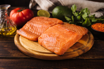 Close up of salmon fillet around healthy diet food products