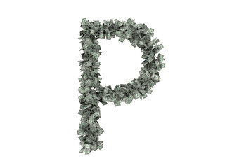 Letter from dollars. Alphabet isolate on white background. 3d rendering
