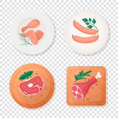 Vector Fresh Pieces of Raw Meat, Chicken Wing, Drumstick, Sausage, Tenderloin Fillet, Ham, Greens on Plate, Cutting Board Icon Set Isolated, Cartoon Style. Food BBQ Concept, Design Template. Top View