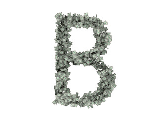 Letter from dollars. Alphabet isolate on white background. 3d rendering
