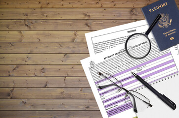 Department of State form DS60 Affidavit Regarding a change of name lies on table and ready to fill....