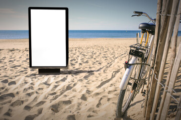 Blank advertising mockup in the street . Poster billboard on the beach background