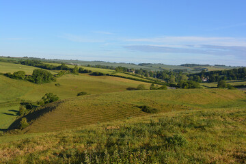 Fototapeta na wymiar Early morning view, landscape of farm fields and green rolling hills in summer, towards the hamlet of Poyntington, Sherborne, Dorset, England