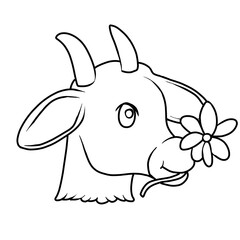 black and white Doodle cartoon animal goat with a flower in its mouth mammals isolated on a white background, for prints, decoration,  design, textiles, decor, printing, website children's coloring