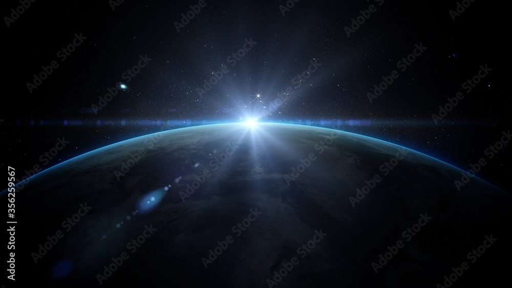 Wall mural sunrise over earth as seen from space. with stars background. 3d rendering