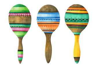 Set of multi-colored maracas. Beanbag. Watercolor illustration. Musical instrument.