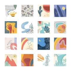 set of abstract backgrounds, drawn with various shapes and doodles objects