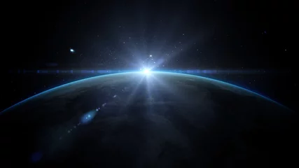 Poster Sunrise over earth as seen from space. With stars background. 3d rendering © 3D motion