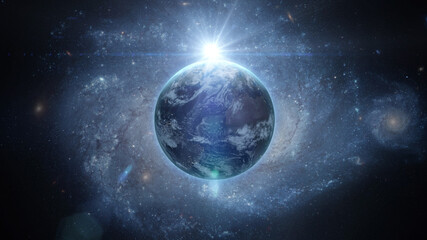 Fototapeta na wymiar Sunrise over earth as seen from space. With stars background. 3d rendering