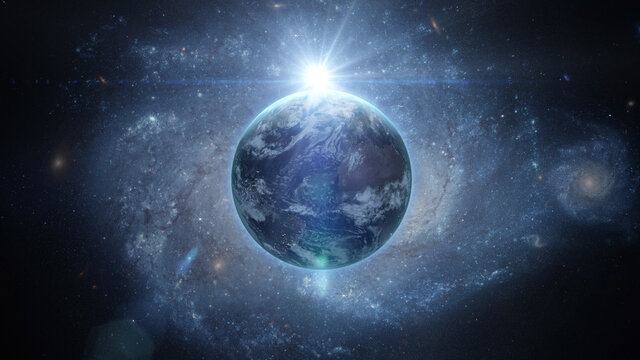 Sunrise over earth as seen from space. With stars background. 3d rendering