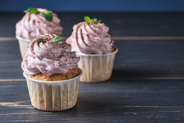 Holiday cupcakes with pink cream. The dessert is decorated with mint leaves and chocolate chips. Background color classic blue.