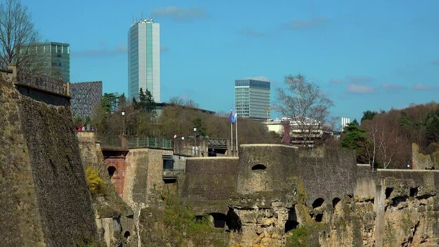 WS Ruins of Bock Casemates and new architecture of Kirchberg Plateau / Luxembourg City, Grand Duchy of Luxembourg, Luxembourg