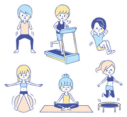 女性　男性　ダイエット　運動　イラストセット　ジム