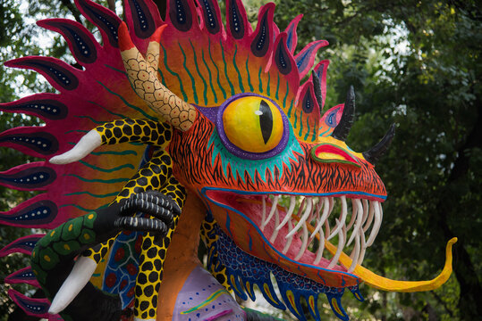 CDMX Mexico / Nov 02 2017
Alebrijes are brightly colored Mexican folk art sculptures of fantastical creatures, important of mexican culture