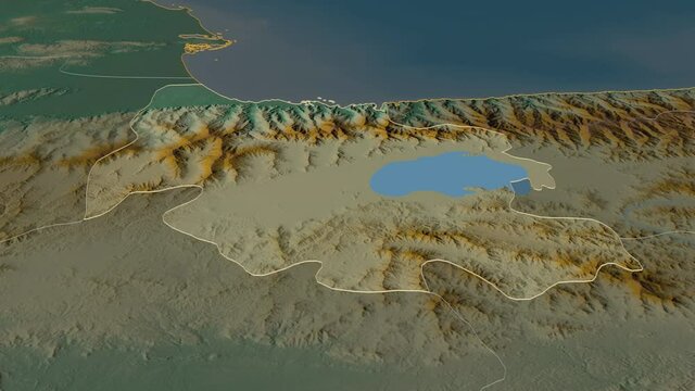 Carabobo, state with its capital, zoomed and extruded on the relief map of Venezuela in the conformal Stereographic projection. Animation 3D