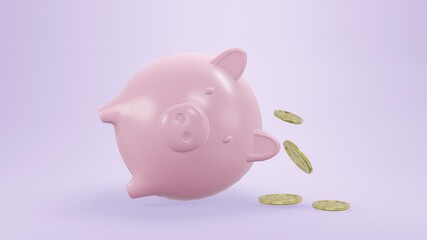 Empty piggy bank, Gold Coins Falling From Piggy Bank, 3D render.