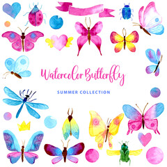 Watercolor set of color butterflies. Collection of isolated hand drawn bugs, dragonfly, hearts, ribbons, bubbles. For print cards, textile, invitation, wallpapers, banners, posters.