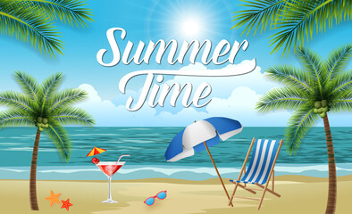 Fototapeta na wymiar Carte ou bandeau Summer time avec, plage, transat, cocktail, lunettes de soleil, étoile de mer, palmiers