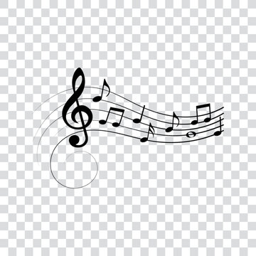 Music notes, musical design on wavy lines with swirl, vector illustration.