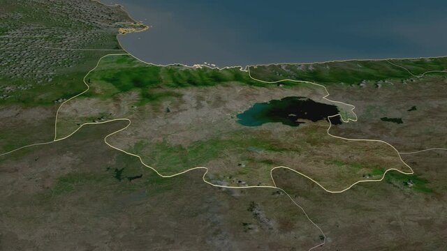 Carabobo, state with its capital, zoomed and extruded on the satellite map of Venezuela in the conformal Stereographic projection. Animation 3D