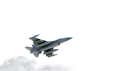 Fototapeta na wymiar F -16 , american military fighter plane.Jet plane. Fly in clouds. 3d rendering
