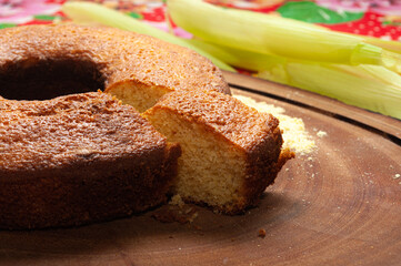 brazilian sweet corn cake on wooden board