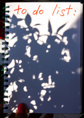 Notebook with To Do List with blurred plant shadow. Copy space.