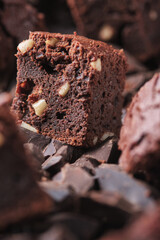 Chocolate brownie with nuts. Sweet and tasty dessert close-up on a background of chocolate. Soft focus.