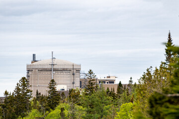 a distant view of the Point Lepreau Nuclear Generating Station through the woods. Most of the reactor is visible but the bottom is obscured by trees.