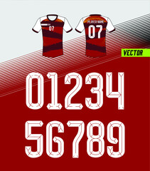 Sport Jersey shirt number/ Uniform numbers in white on red  backgrounds  for American football, Baseball and Basketball or soccer for shirt