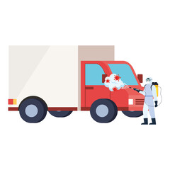 Fototapeta premium Man with protective suit spraying delivery truck with covid 19 virus design, Disinfects clean and antibacterial theme Vector illustration