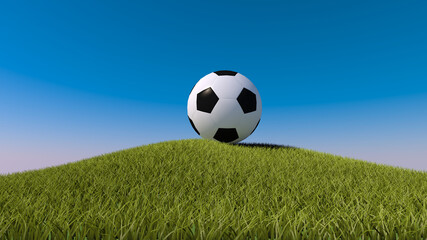 Fototapeta premium Soccer ball on a grassy hill. 3d render