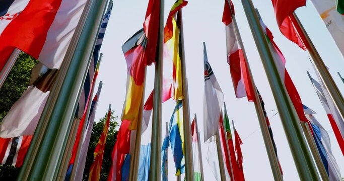  European flags flapping in wind