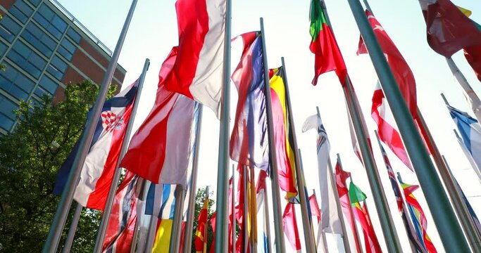  European flags flapping in wind