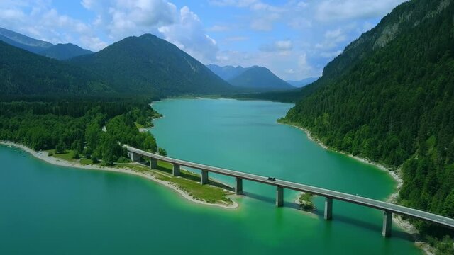 AERIAL WS Landscape with  mountains and Sylvenstein Reservoir / Upper Bavaria, Germany