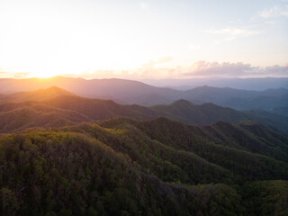 View of Mountain Ridges from Wesser Bald Fire Tower in the Nantahala National Forest in Western North Carolina at Sunset