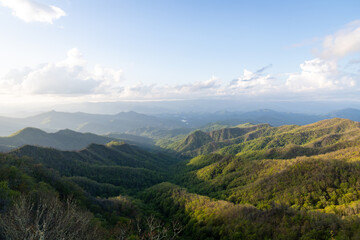 View of Mountain Ridges from Wesser Bald Fire Tower in the Nantahala National Forest in Western North Carolina at Sunset