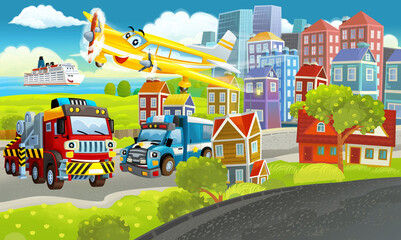 cartoon happy scene with different vehicles cars illustration