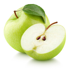 Green apple fruit with apple half and leaf isolated on white background. Green apples with clipping...