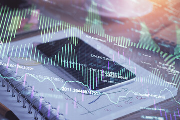 Double exposure of forex chart drawing and cell phone background. Concept of financial data analysis