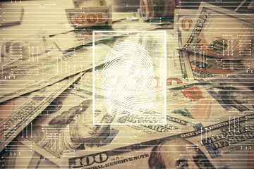Double exposure of finger print scan drawing over usa dollars bill background. Concept of security of safe access.