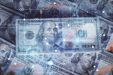 Double exposure of data theme drawing over us dollars bill background. Technology concept.