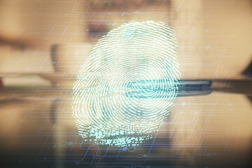 Double exposure of finger print hologram over coffee cup background in office. Concept of information security